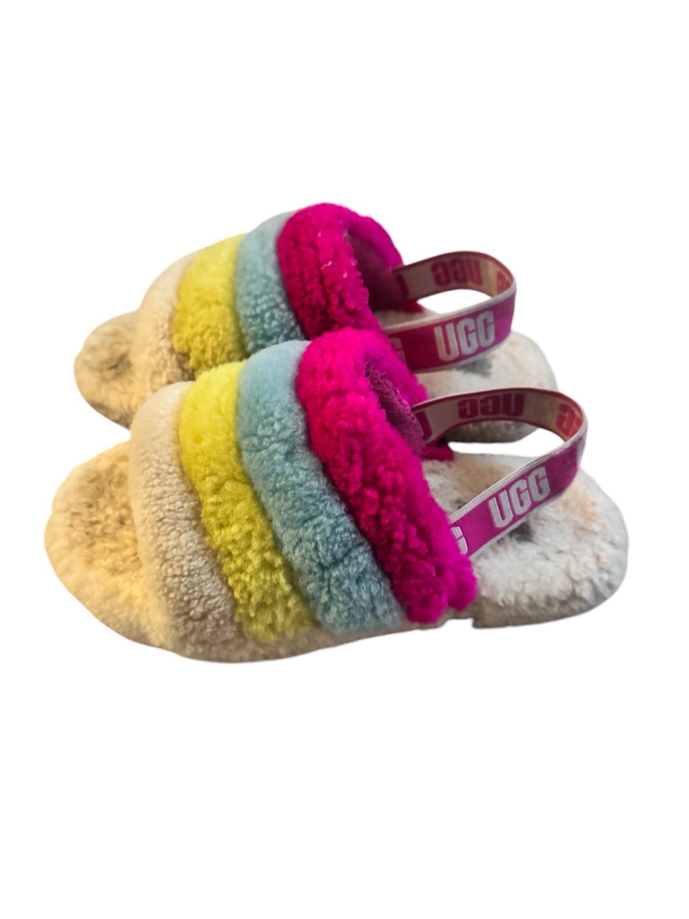 UGG Rainbow Fluff Yea Slide Sandals - Pink, Aqua, Yellow, Cream, Size 3.